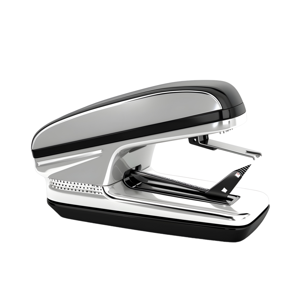 Shiny metallic stapler with a black base, isolated on a transparent background png