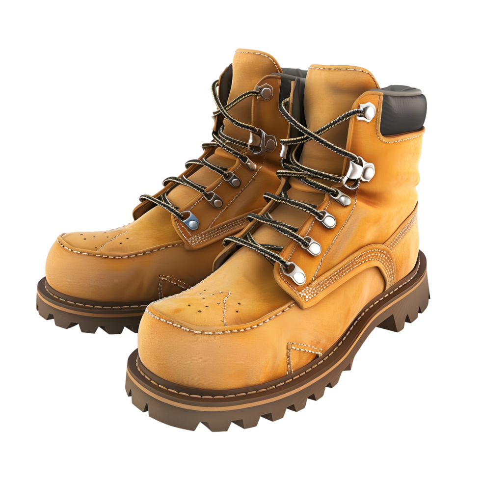 Pair of sturdy leather hiking boots in earthy tones, isolated on a transparent background png