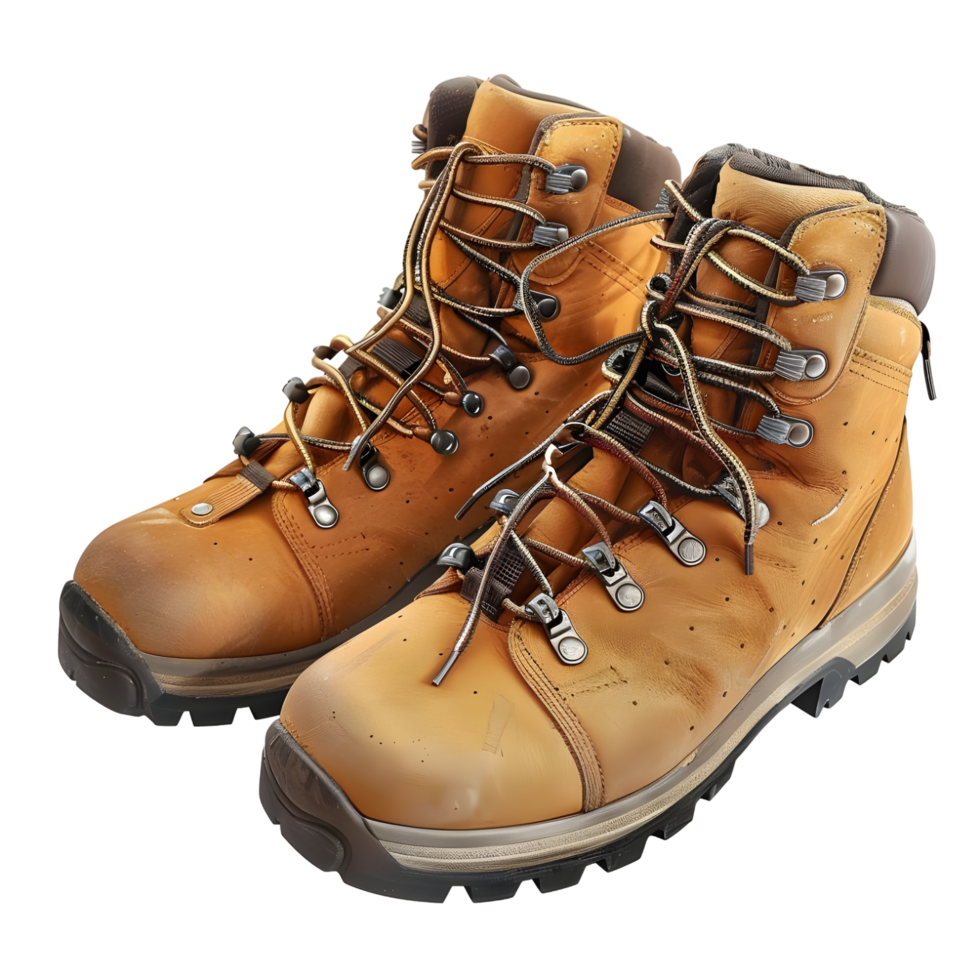 Durable brown hiking boots with rugged soles, isolated on a transparent background png