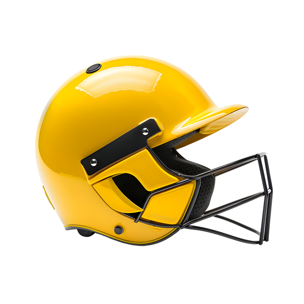 Shiny yellow cricket helmet with a protective grille, isolated on a transparent background png