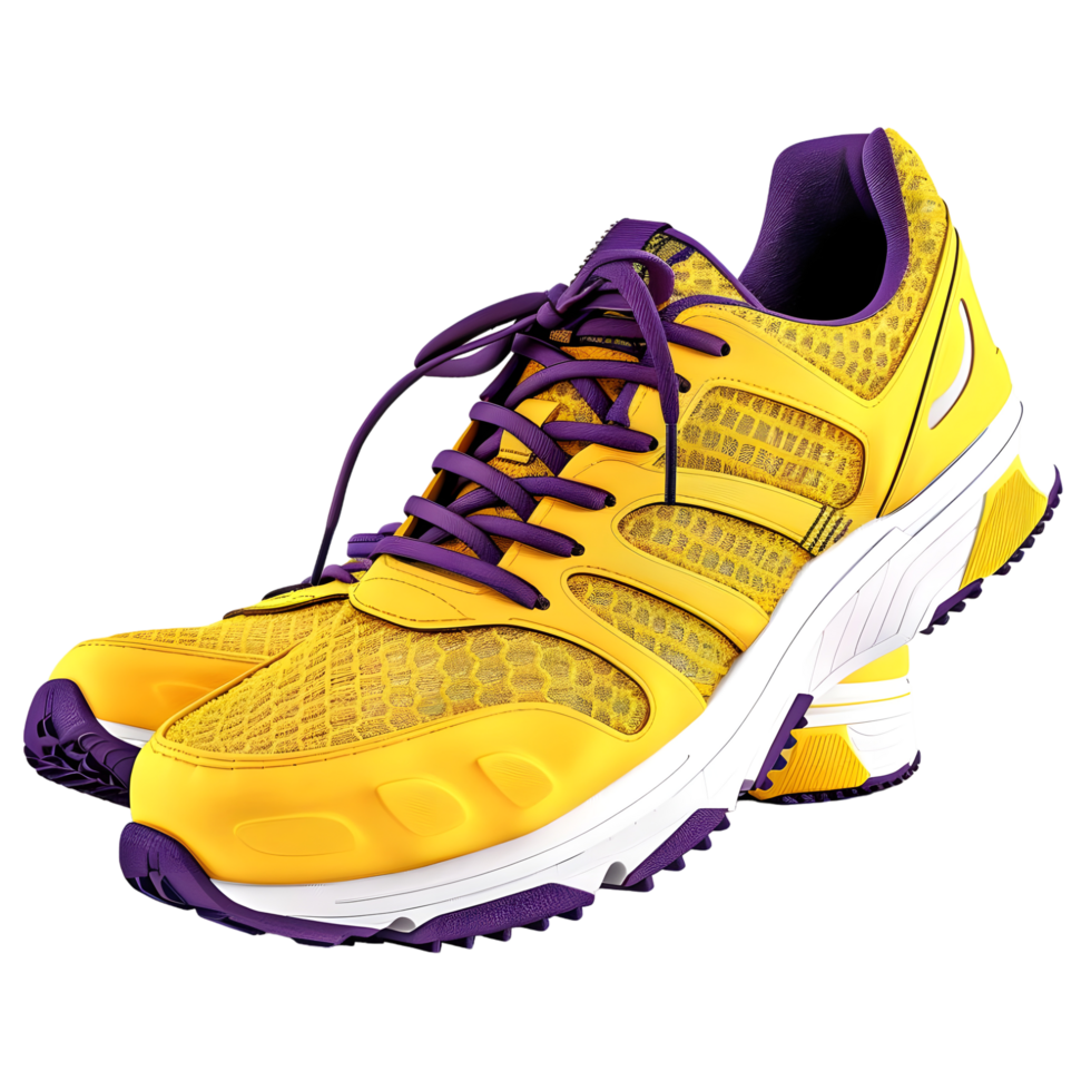 Yellow and purple sneakers with bold patterns, isolated on a transparent background png