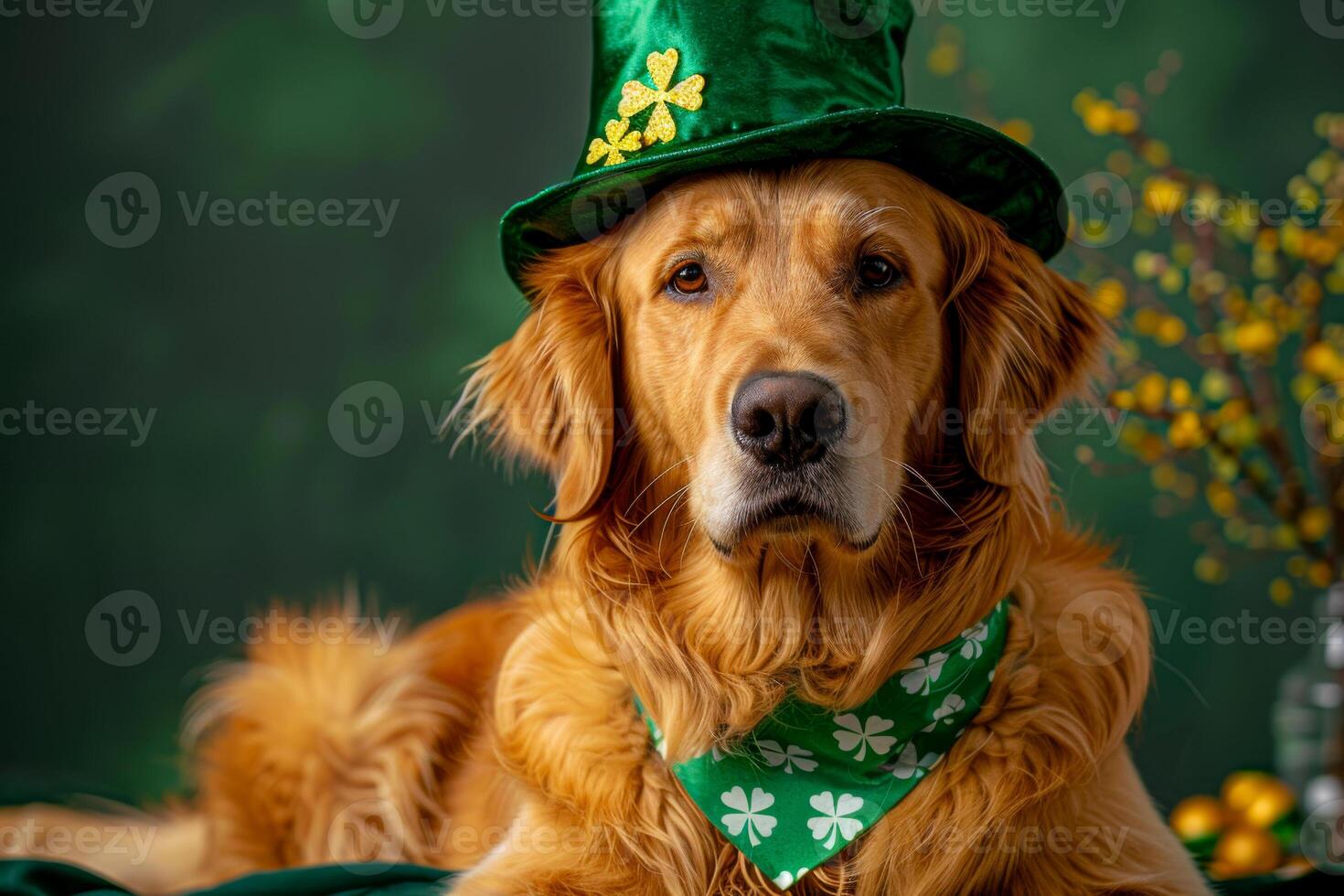 A dog wearing a green hat and a green bandana is sitting on a green surface. The animal is looking at the camera. Patrick's Day Irish holiday. Portrait photo of puppy. Lucky green