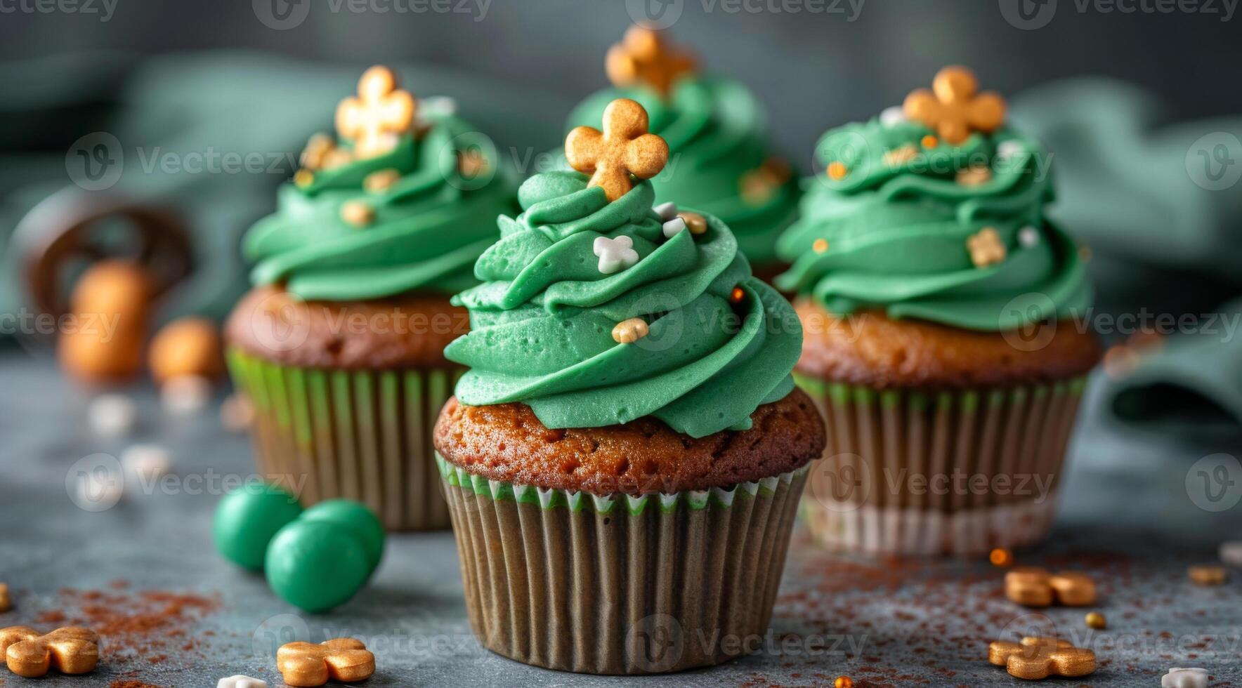 A green cupcake with a shamrock hat on top. The cupcake is decorated with gold sprinkles and has a green frosting. Patrick's Day sweet dessert for Irish holiday photo