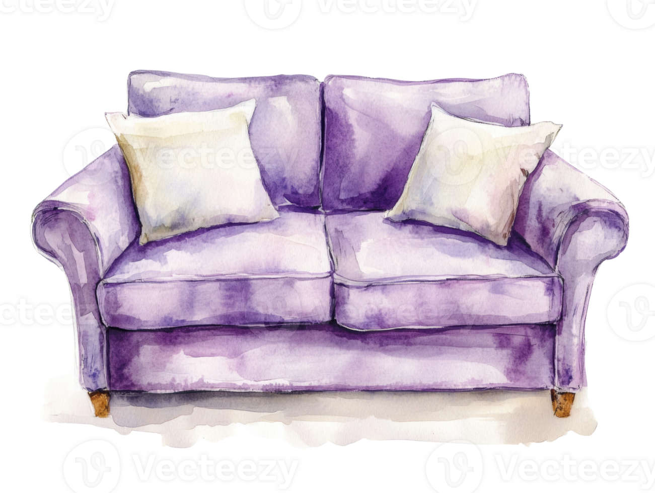 Watercolor Painting of a Purple Sofa with Pillows png