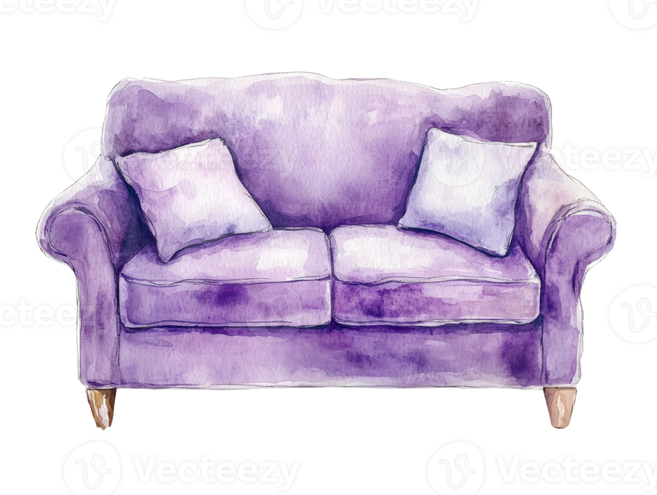 Watercolor Painting Of A Purple Sofa With Pillows. cut out png