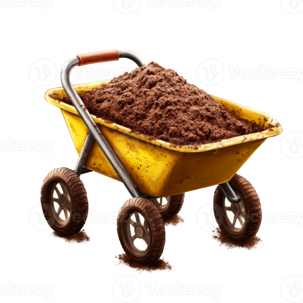 Yellow Wheelbarrow Full Of Brown Soil And Dirt png