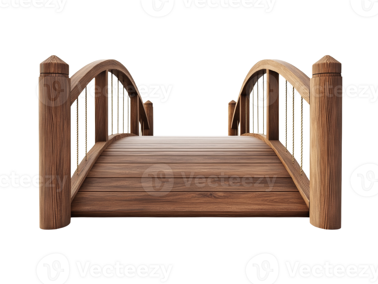 Wooden arched bridge with rope railings and wooden deck png