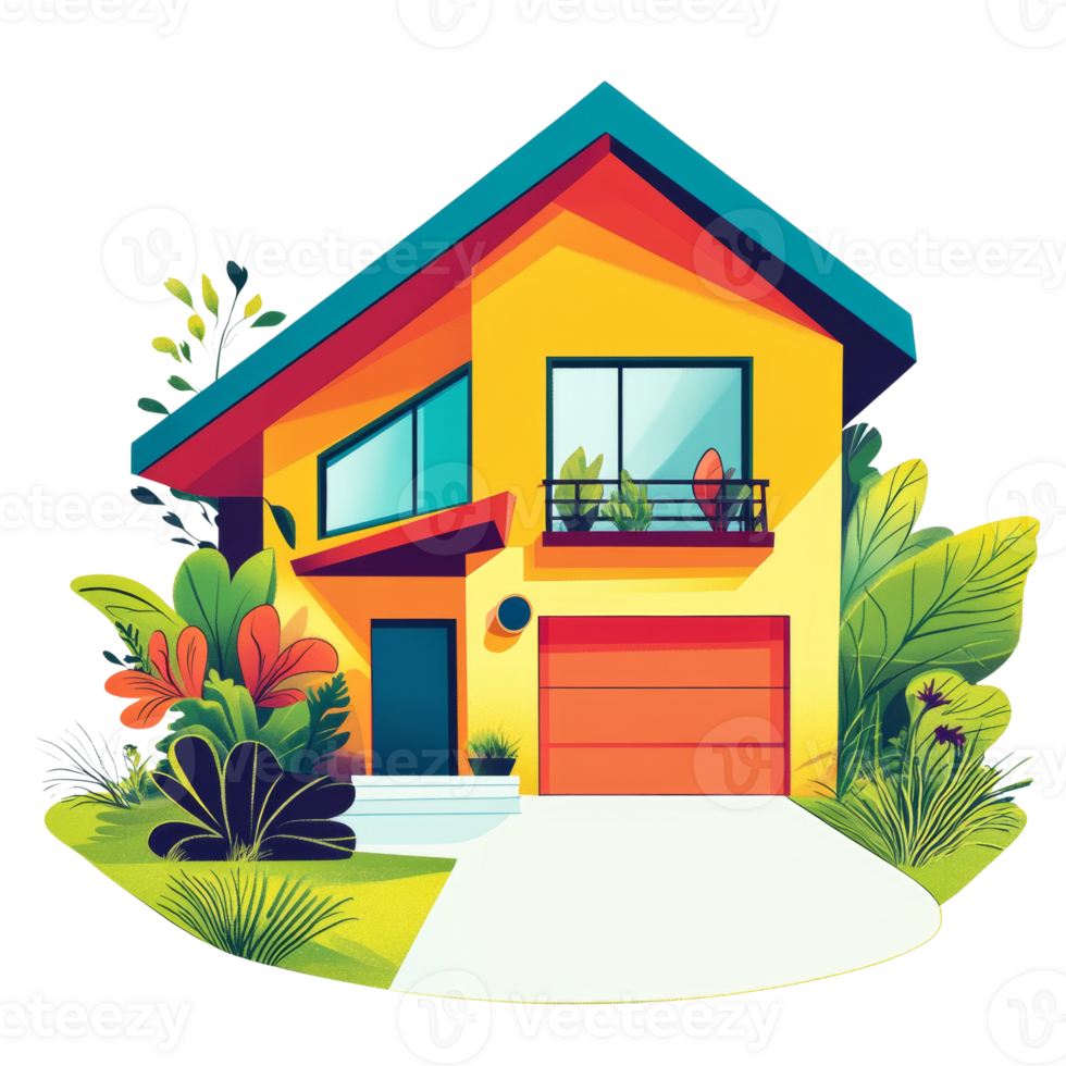 Vibrant Modern House with Lush Green Landscaping png