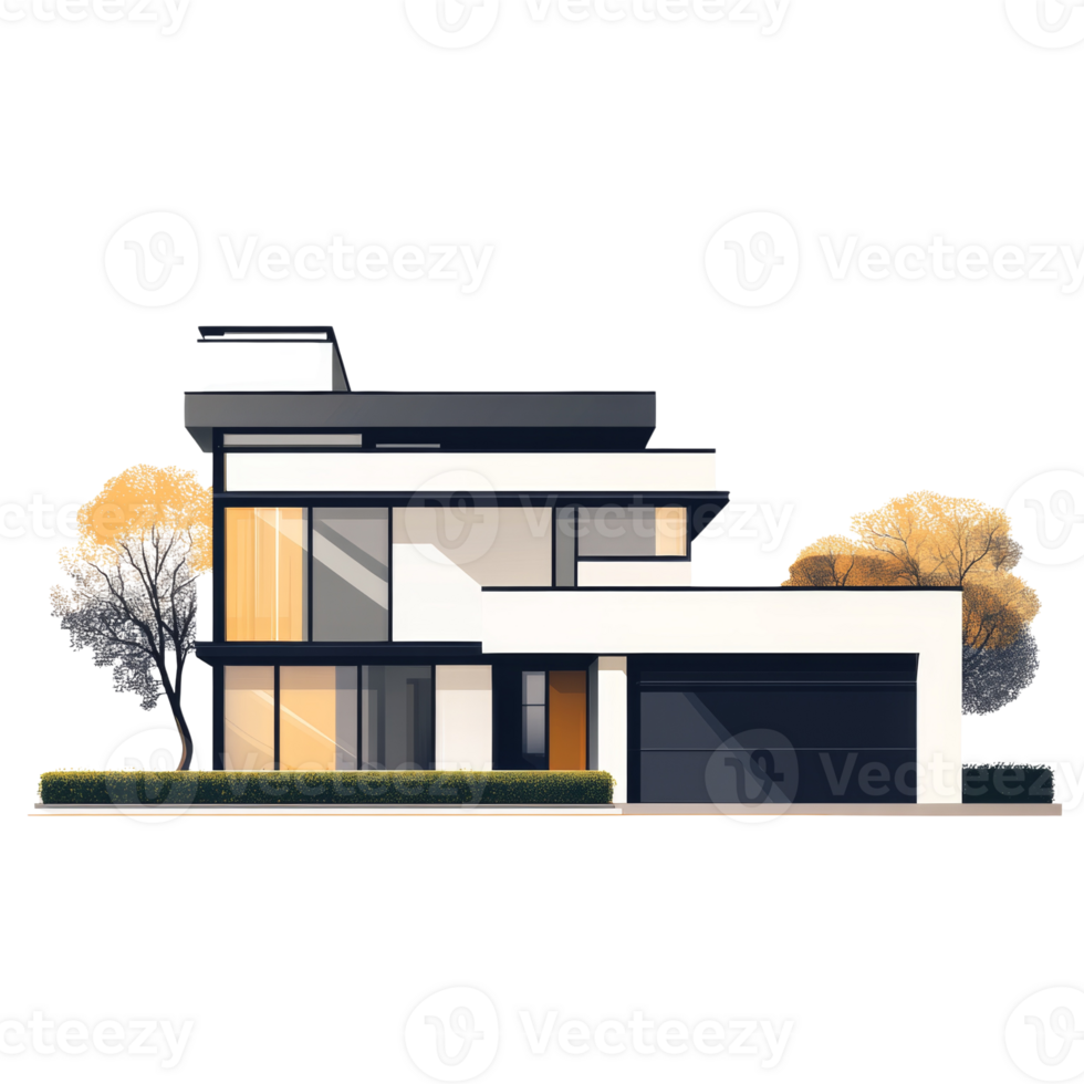 Modern Two Story House with Attached Garage and Trees png