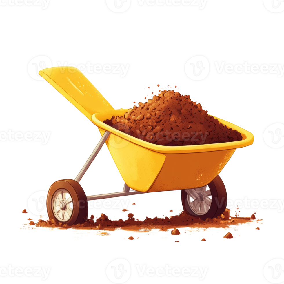 Yellow Wheelbarrow Full of Brown Soil Dirt png