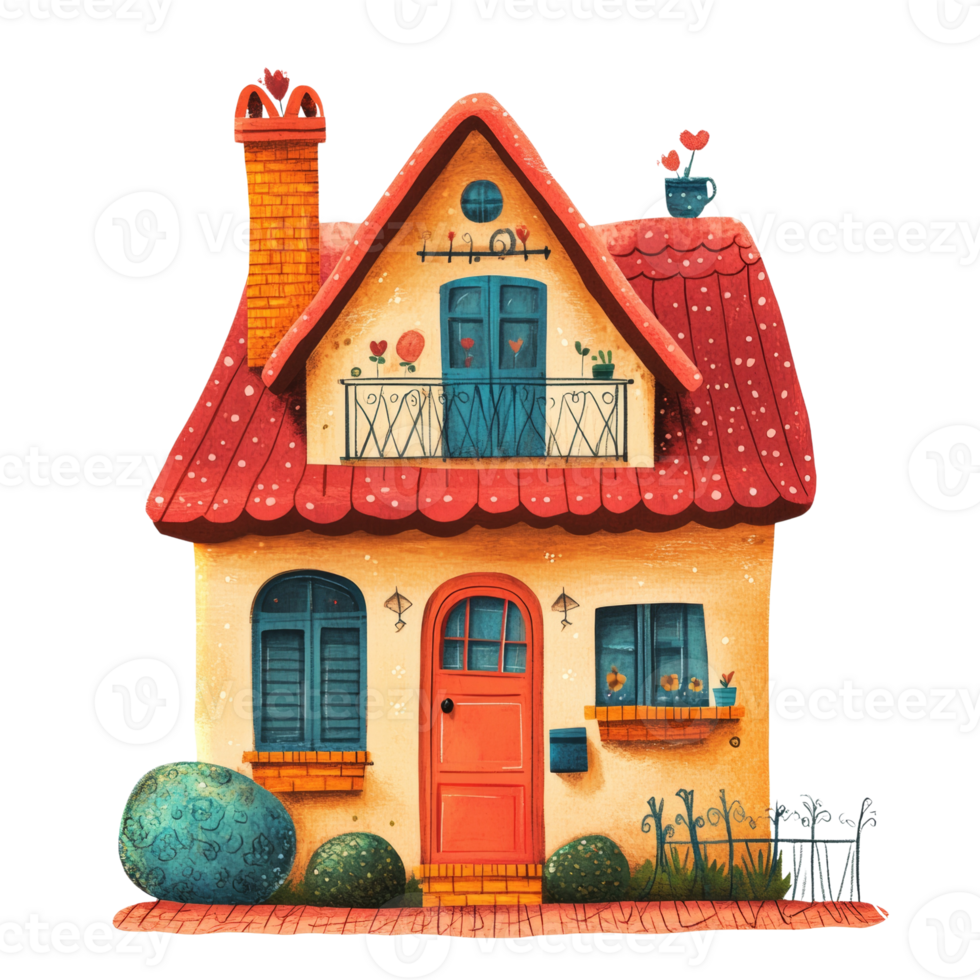 Charming Cottage House with Red Roof and Balcony png