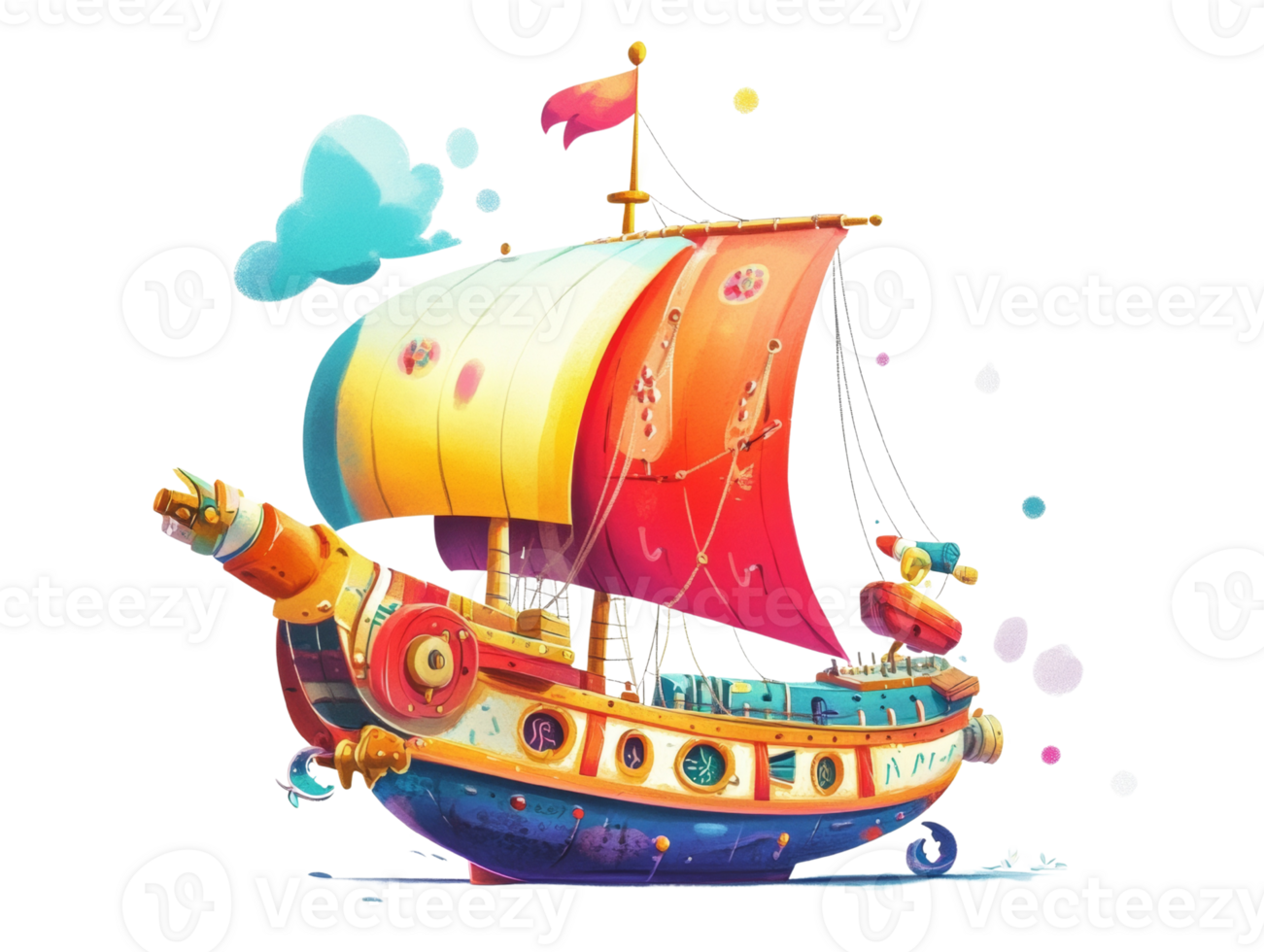 A whimsical colorful sailing ship floats on calm waters png