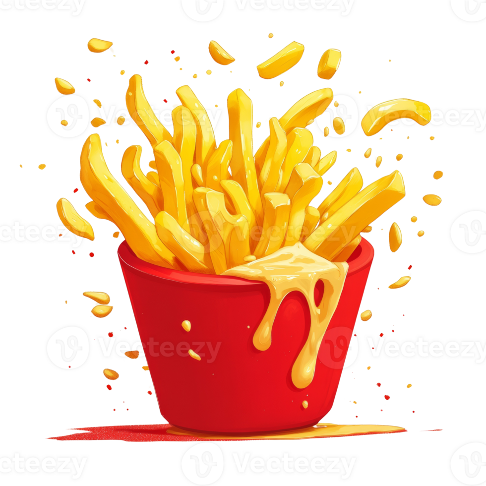 Golden French Fries in Red Cup Overflowing with Sauce png