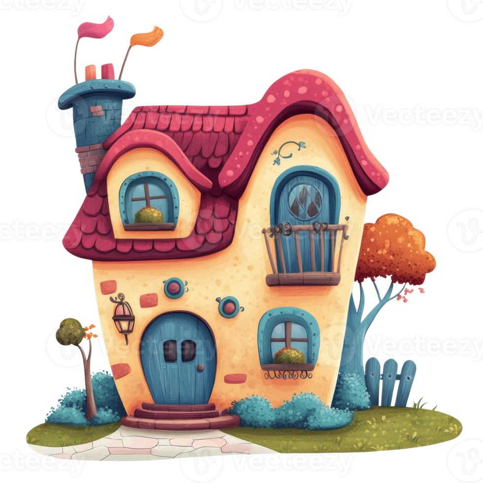 Whimsical Two Story House With Flagpoles and Garden png
