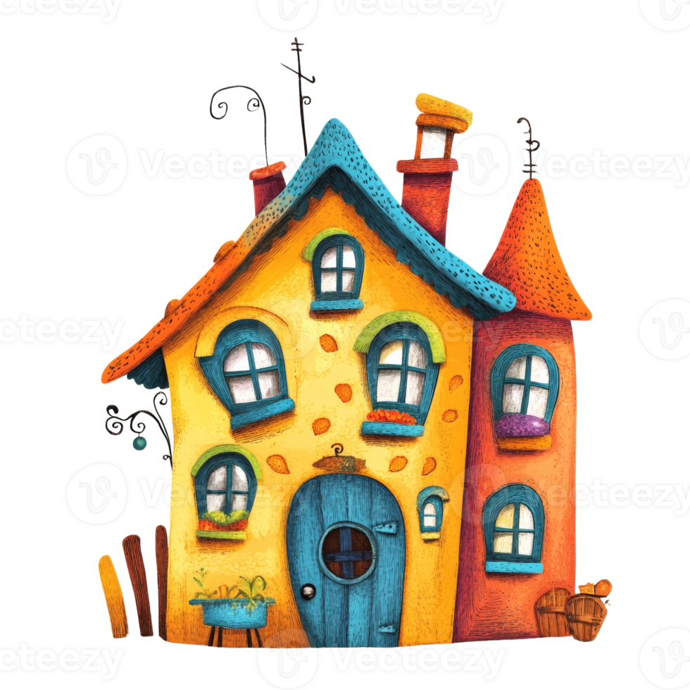 Whimsical Colorful House Illustration Featuring Unique Architecture png