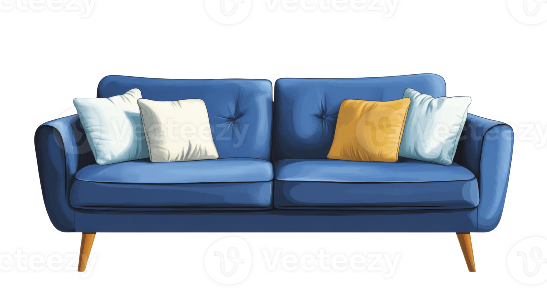 A blue sofa with white and yellow pillows sits invitingly png
