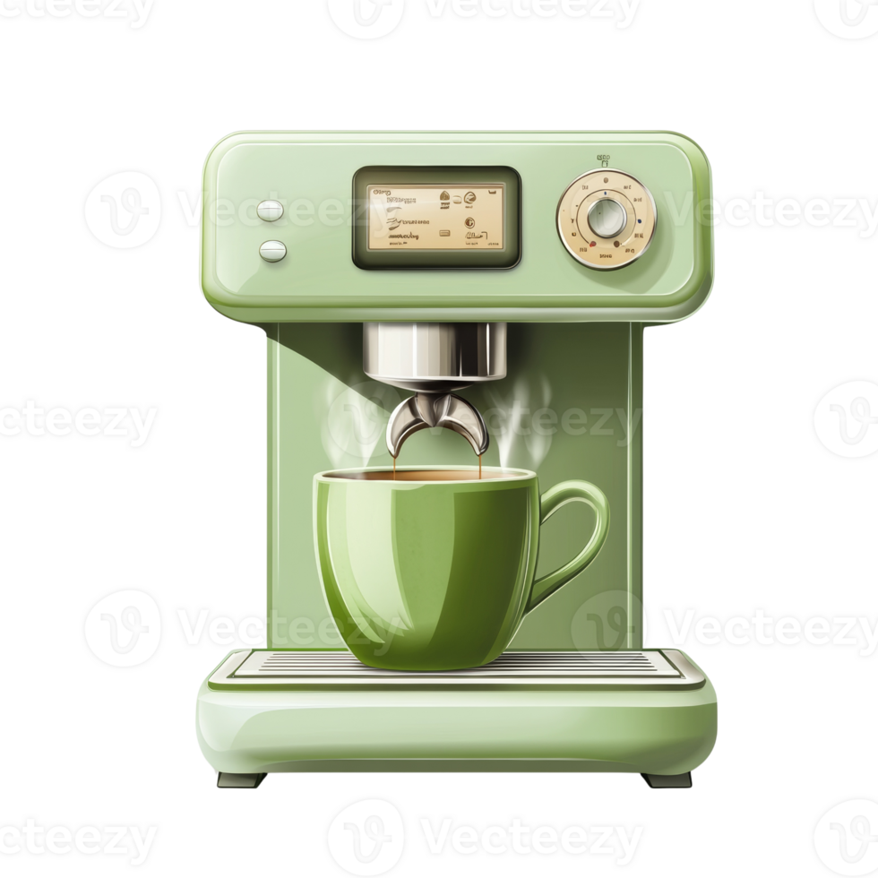 A retro styled green espresso machine makes coffee png