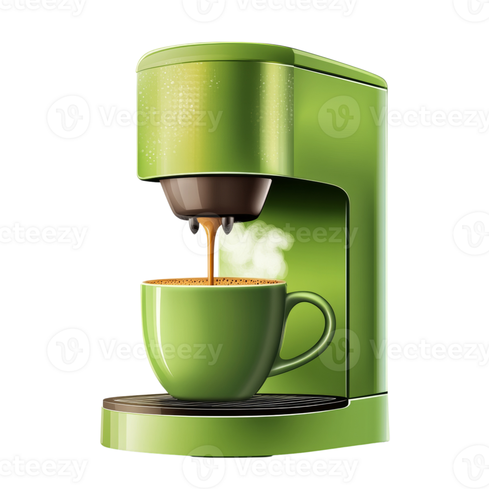 Green coffee machine brewing coffee into a green cup png