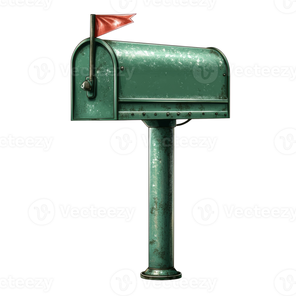 A weathered green mailbox stands on a post with a red flag png