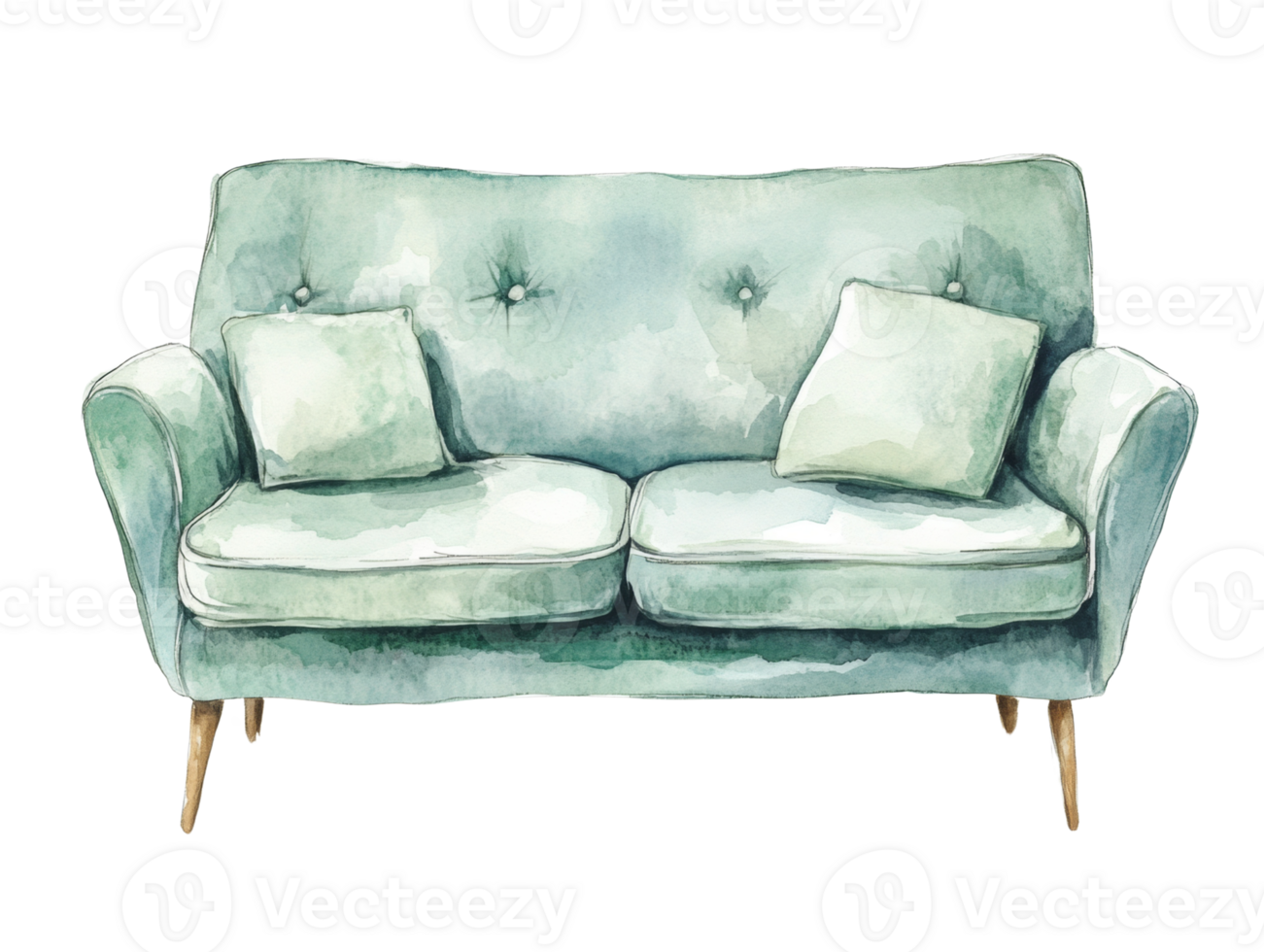 Watercolor Painting of a Teal Sofa with Pillows. isolated png