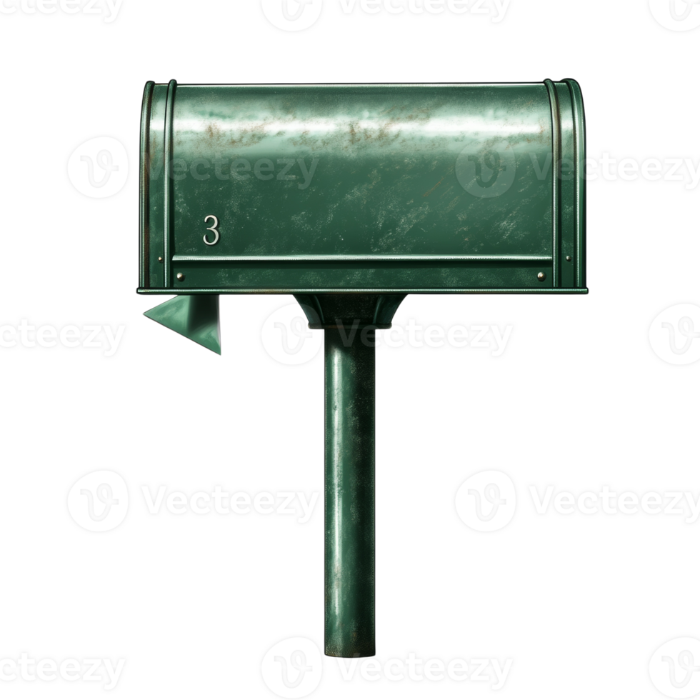 A weathered green metal mailbox stands on a post png