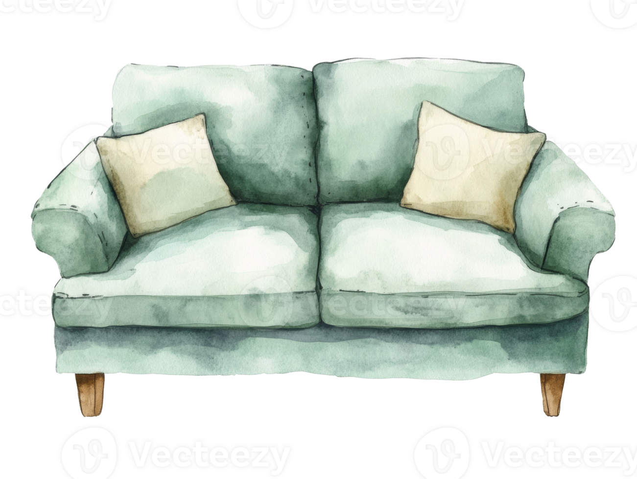 Watercolor Painting of a Teal Sofa with Pillows. cut out png