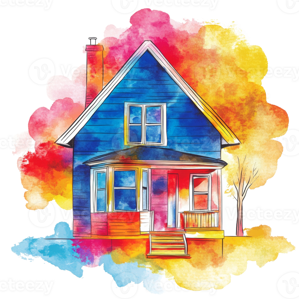 Colorful Watercolor Painting of a Charming Suburban House png