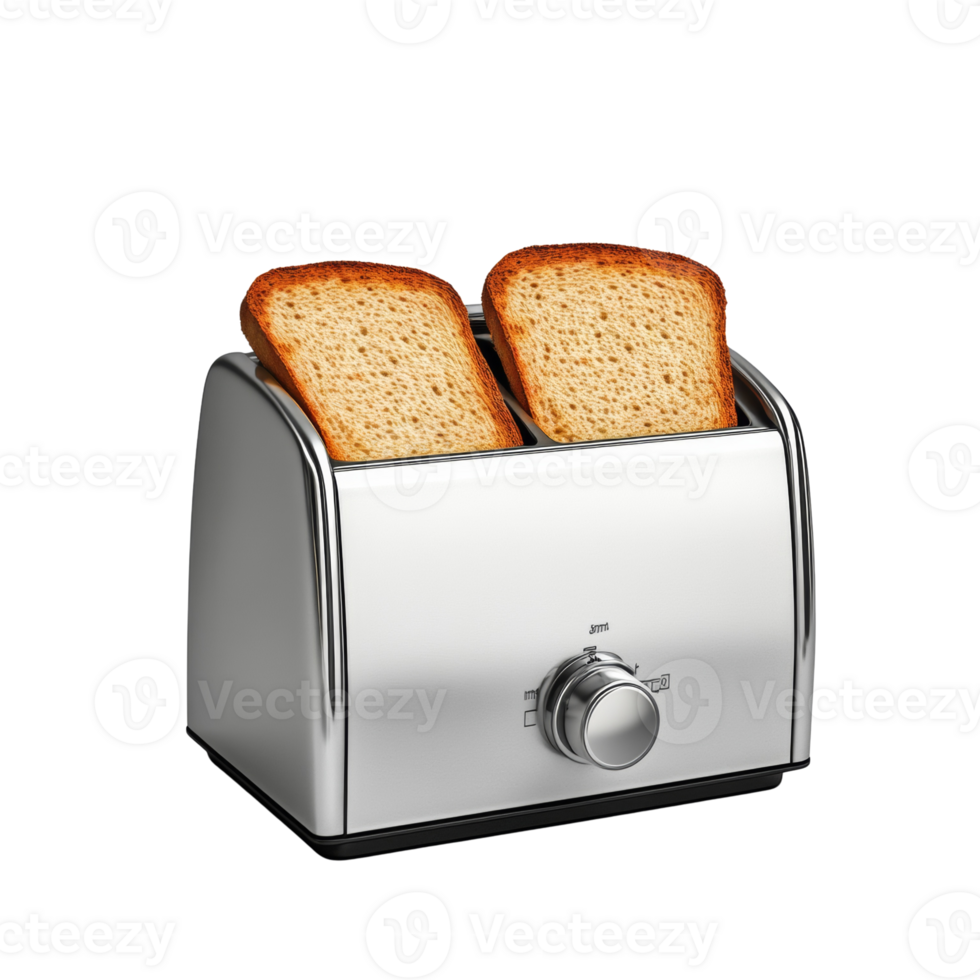 Two slices of toast in a modern chrome toaster png