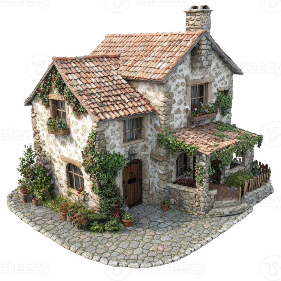 Charming Stone Cottage With Lush Greenery And Cobblestone Path png