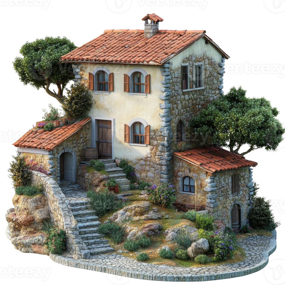 Charming Stone House with Red Tile Roof and Lush Greenery png