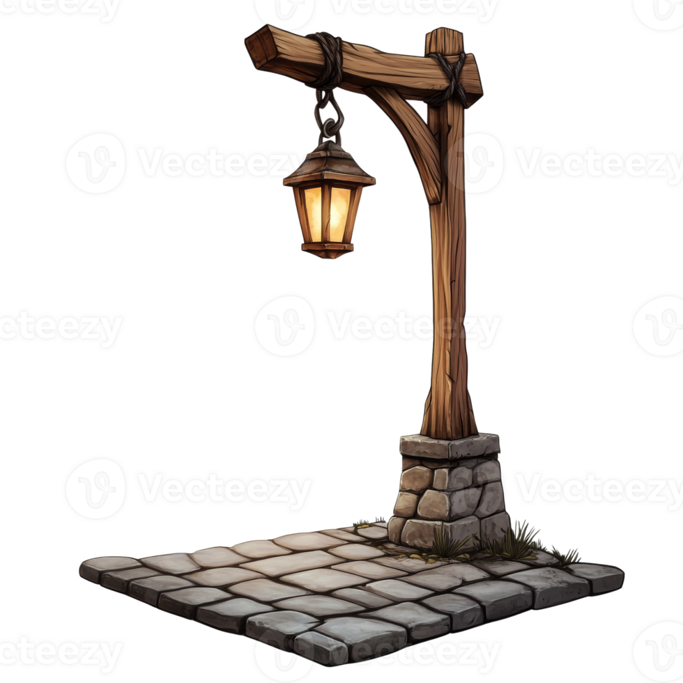 Wooden Post Lamp Illuminates Cobblestone Path png