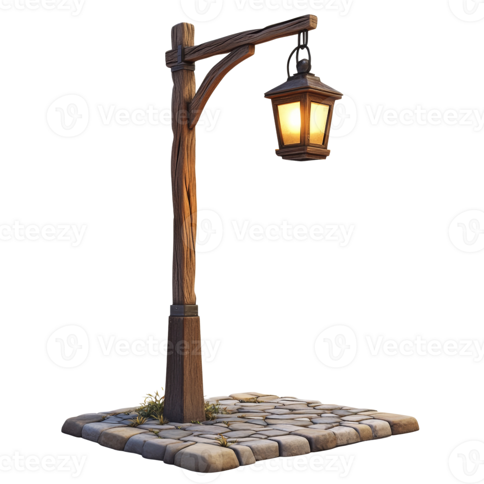 Wooden Street Lamp Post With Lit Lantern png