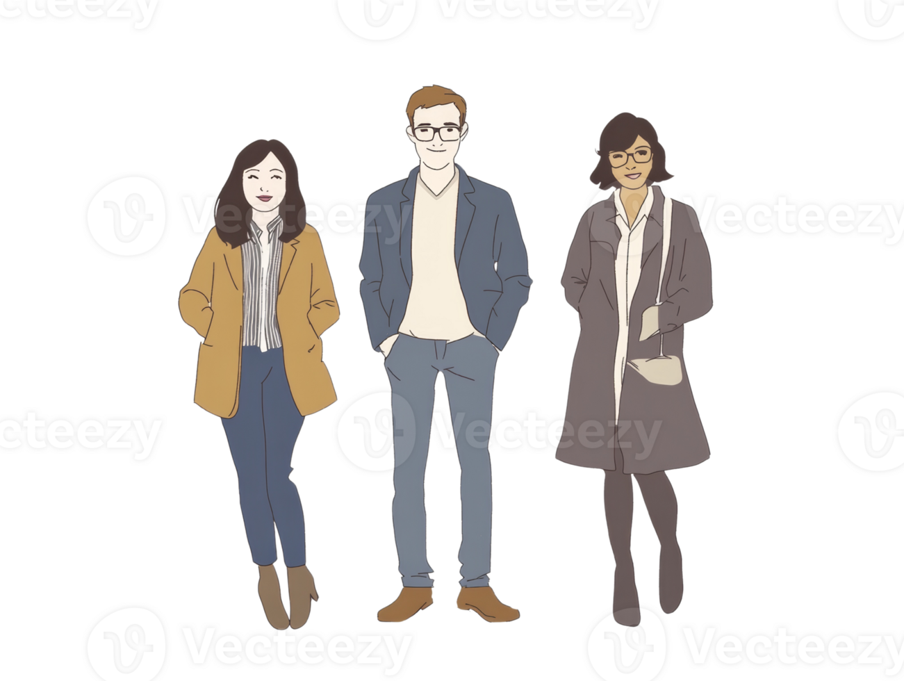 Three stylish individuals stand together smiling for a photo png