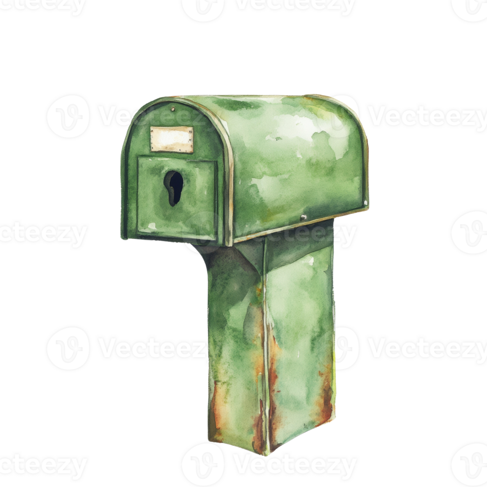 Watercolor Painting of a Rustic Green Mailbox png