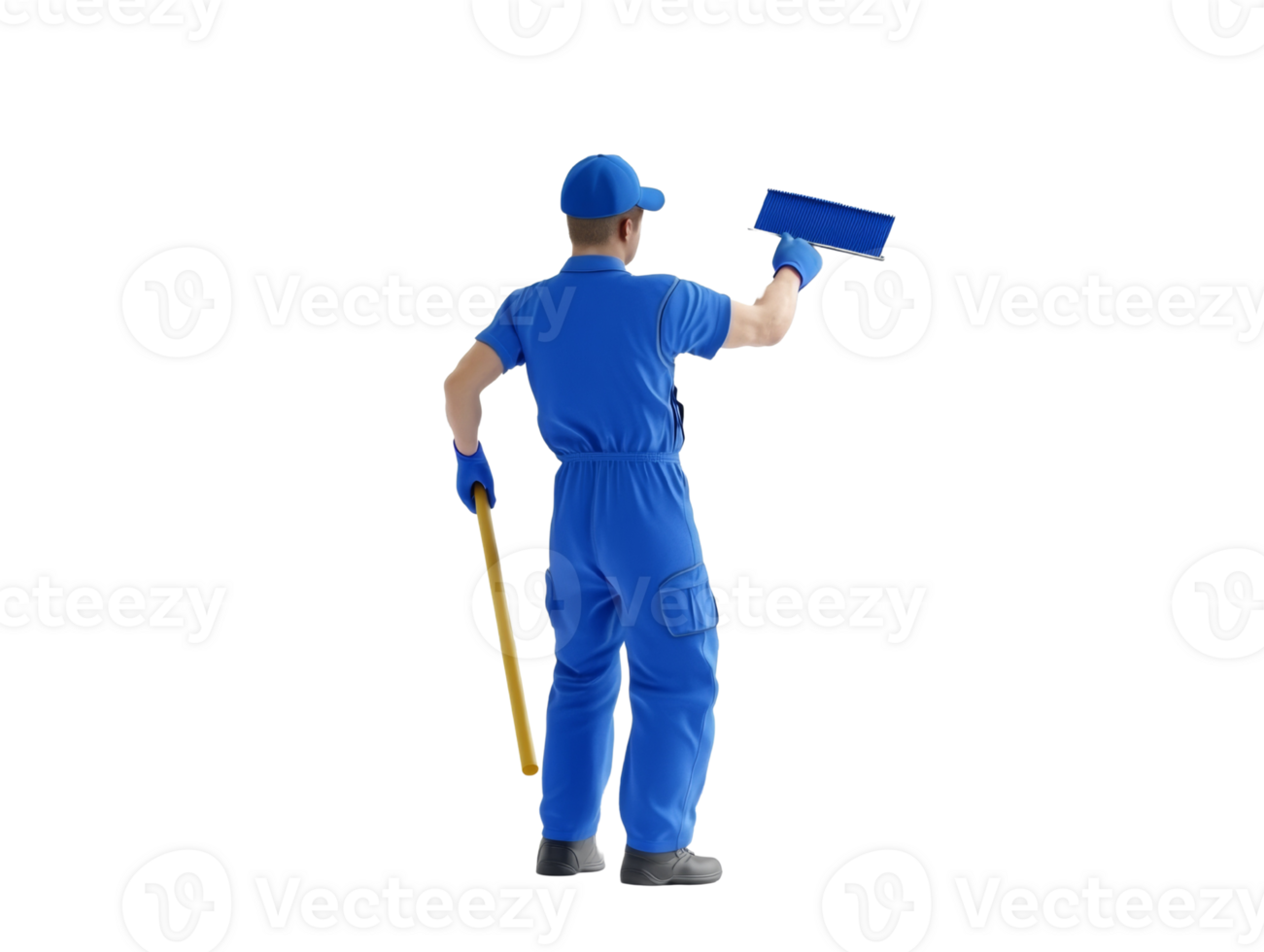 A Janitor in Blue Uniform Cleaning a Wall png