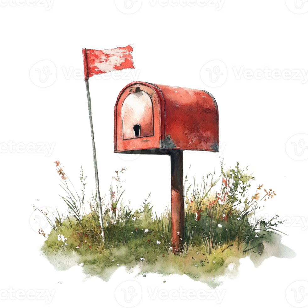 Rustic Red Mailbox Amidst Wildflowers and a Small Flag png