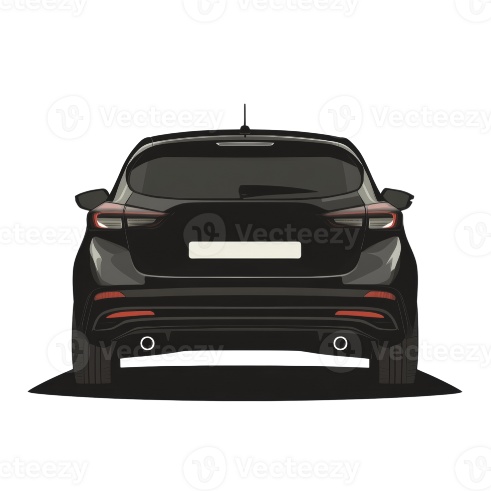 Rear View Of A Sleek Black Hatchback Car. cut out png