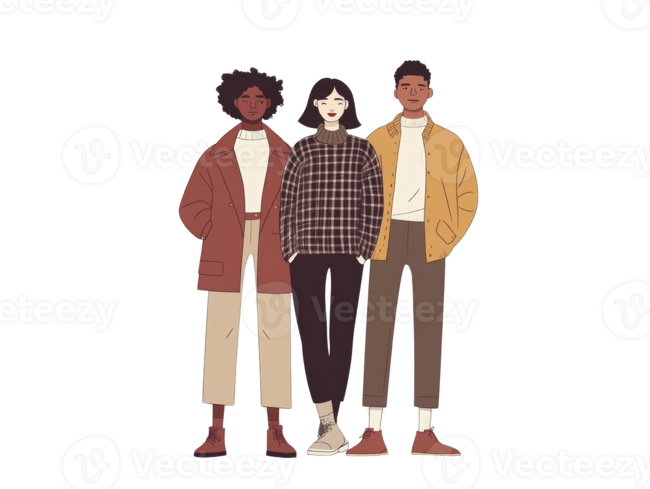 Three diverse friends stand together wearing autumnal clothing png