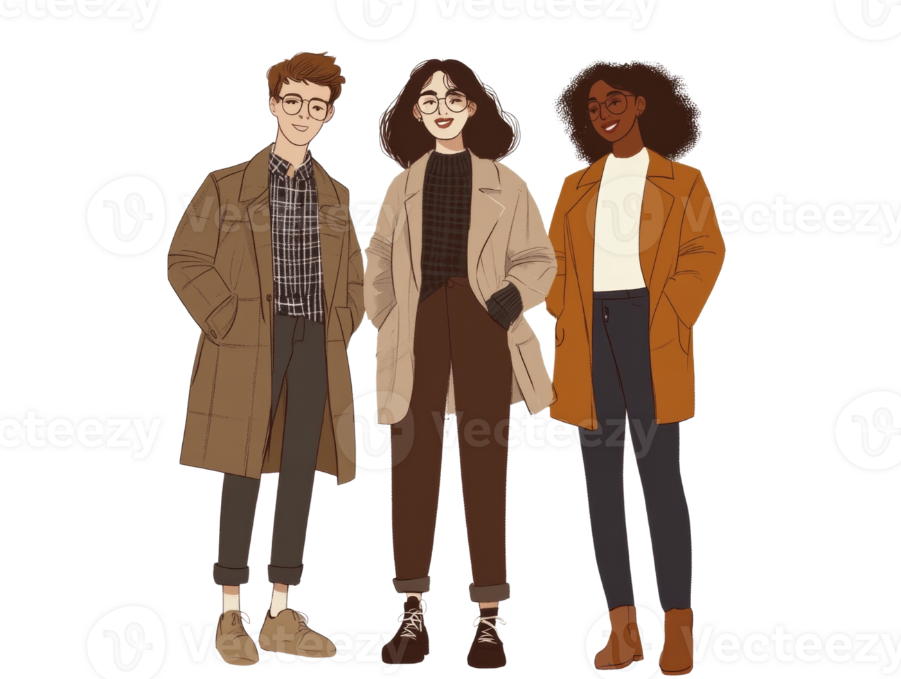 Three friends stylishly dressed in autumnal coats png