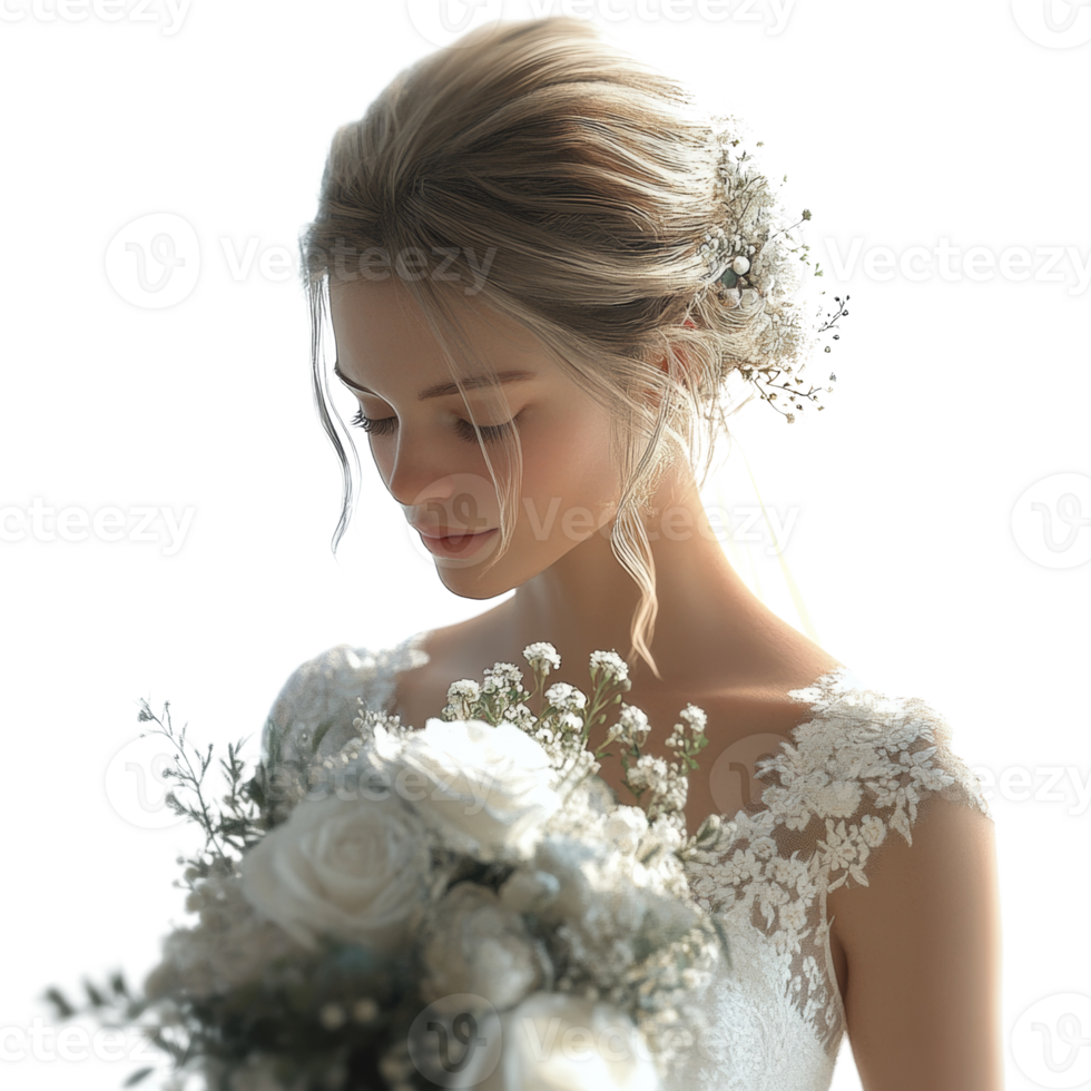 Elegant Bride Posing Gracefully With Bridal Bouquet png