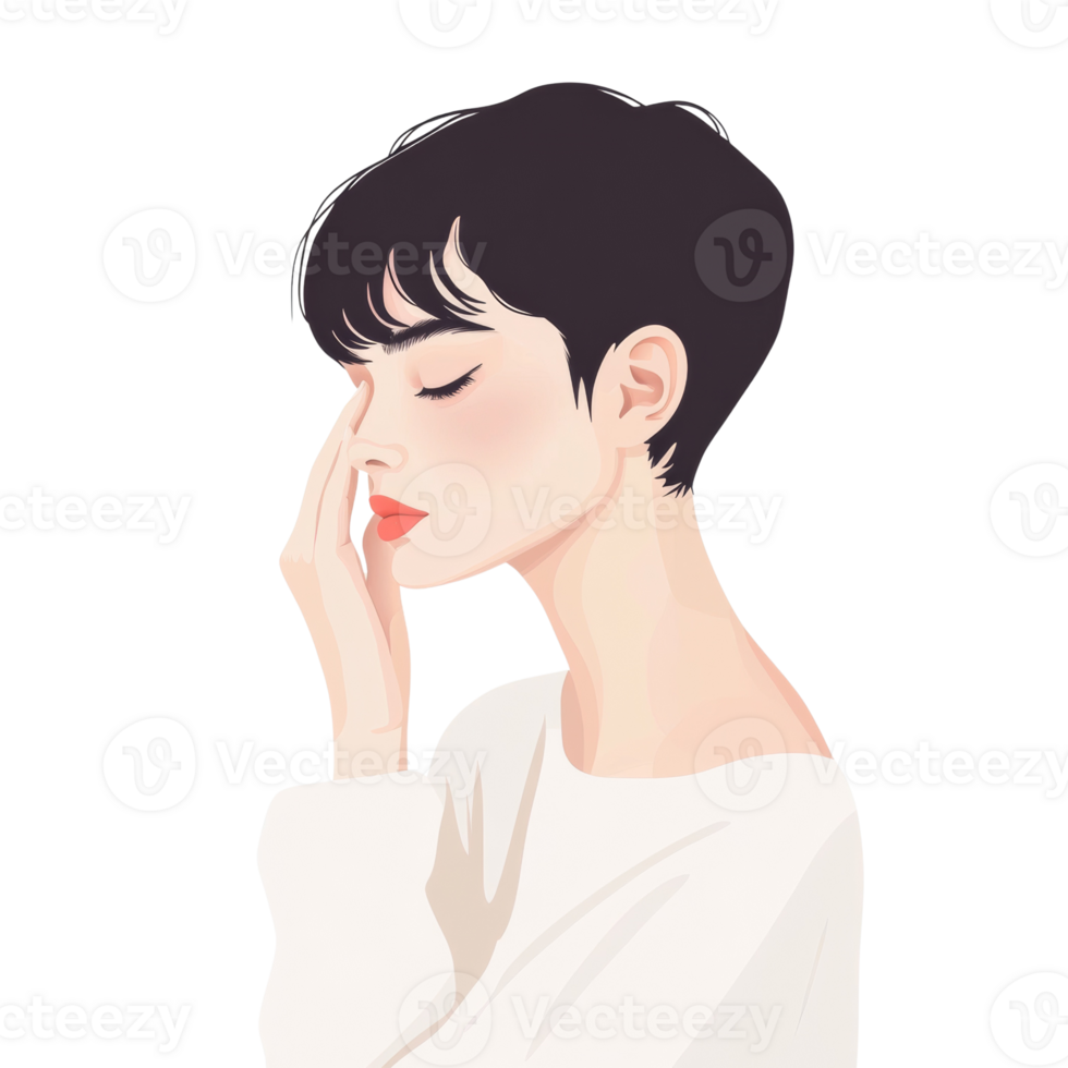 Serene Woman with Short Dark Hair Gently Touching Face png