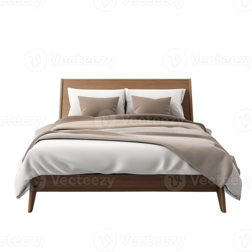 Modern Wooden Bed with Neutral Bedding and Pillows png