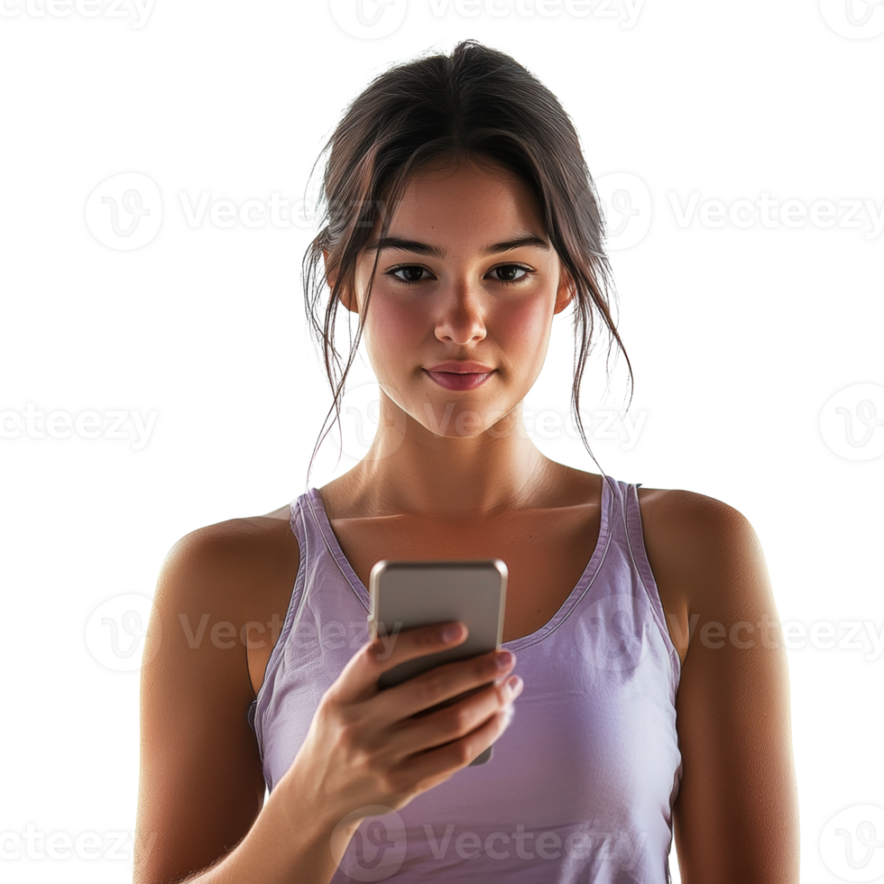 Young Woman Uses Smartphone Wearing Sleeveless Top png