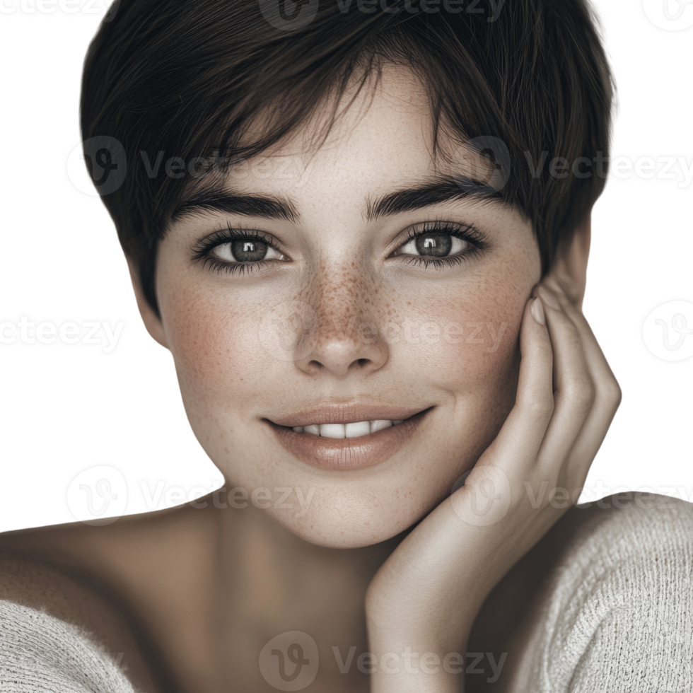 Young Woman with Freckles and Short Brown Hair Smiling png