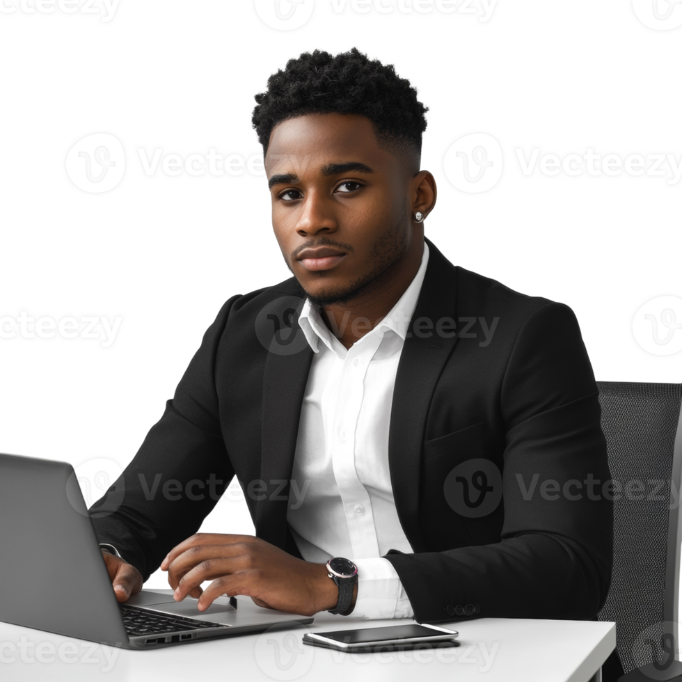 Young African American Man Working on Laptop at Desk png