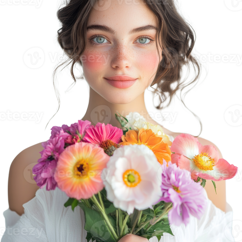 Woman with Freckles Holds Colorful Bouquet of Flowers png