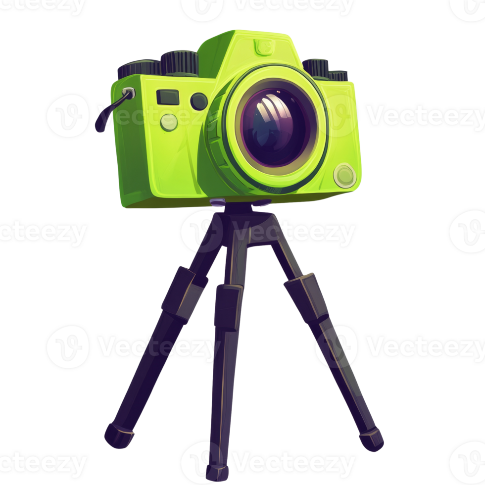 A vibrant green camera rests on a tripod stand png