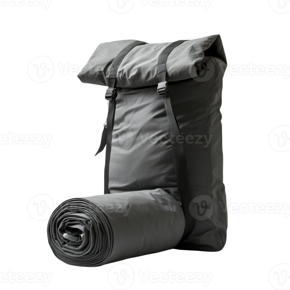 Grey Backpack With Rolled Sleeping Pad Attached png