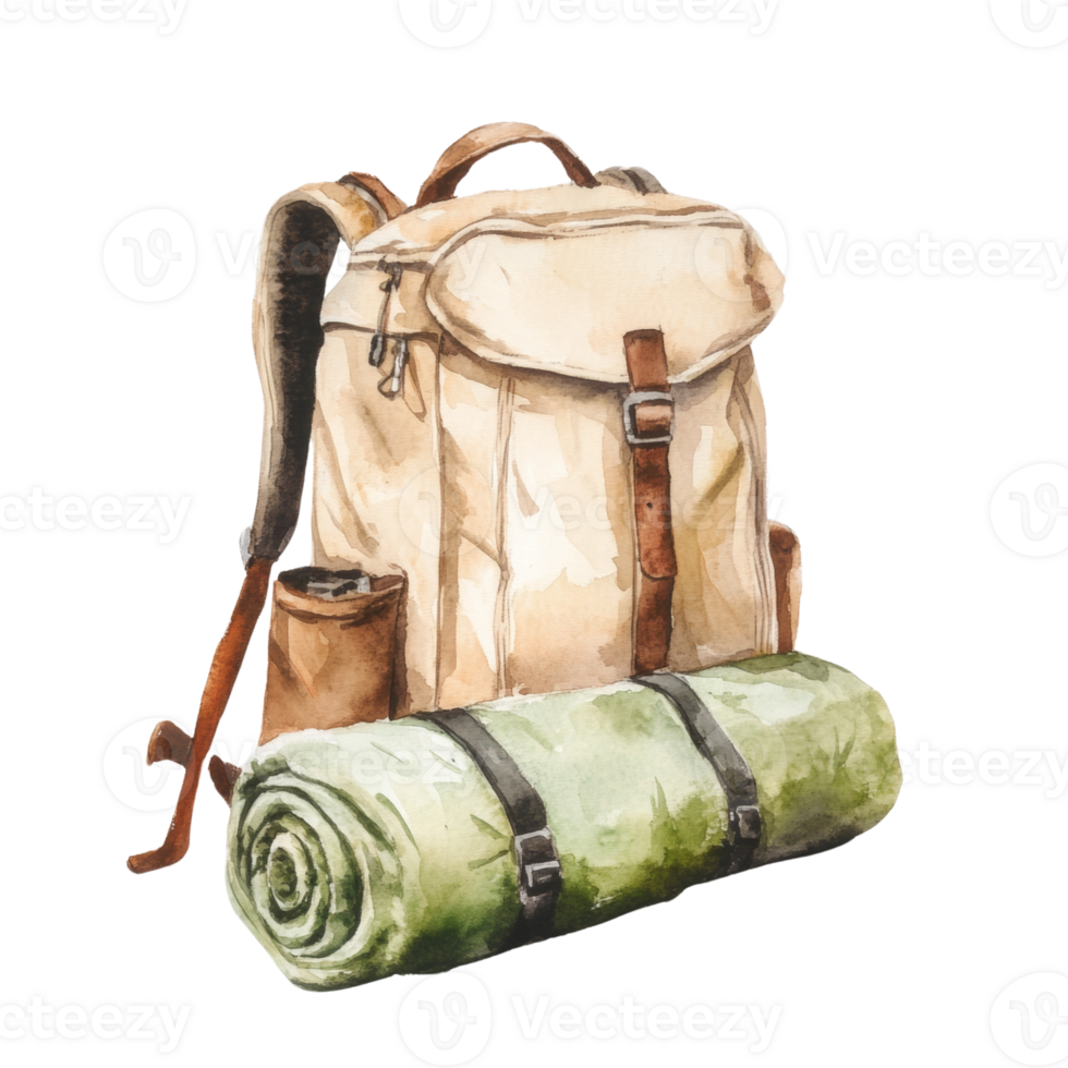 Watercolor Painting Of A Backpack And Sleeping Mat png