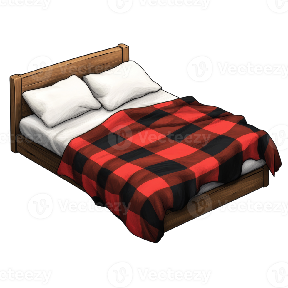 Wooden Bed with Red and Black Plaid Blanket png